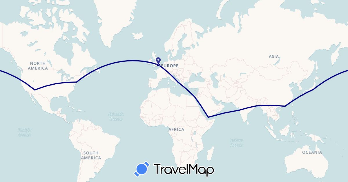 TravelMap itinerary: driving in China, Egypt, United Kingdom, India, Italy, Japan, United States, Yemen (Africa, Asia, Europe, North America)